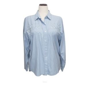 Premier International Floral Embroidered Blouse Light Blue Button Front Womens L